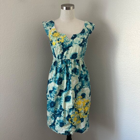 Anthropologie Floret Pencil Mini Dress Beaded Square Split Neck Cap Sleeve Sz 0 - Picture 2 of 15